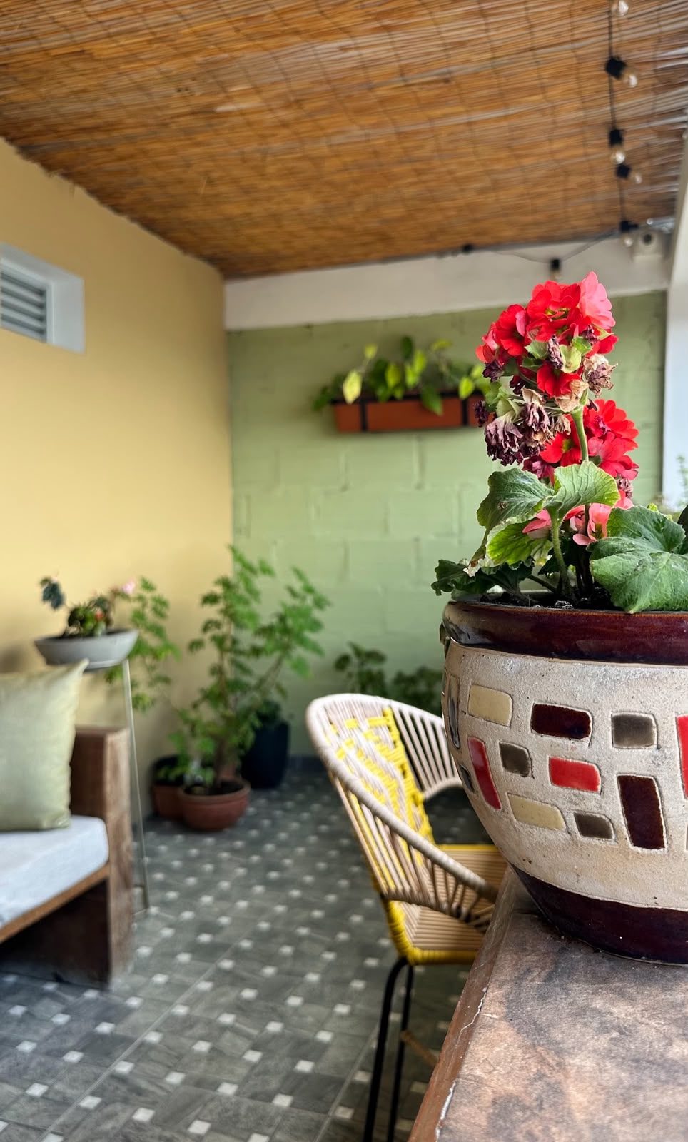 Terraza jardín con geranios de Casa Mama Hotel